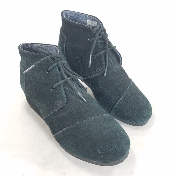 Toms Boots Black Ws Sz 6 Fashion Booties Suede Leather Wedge Desert Boho Lace Up - Picture 14 of 15